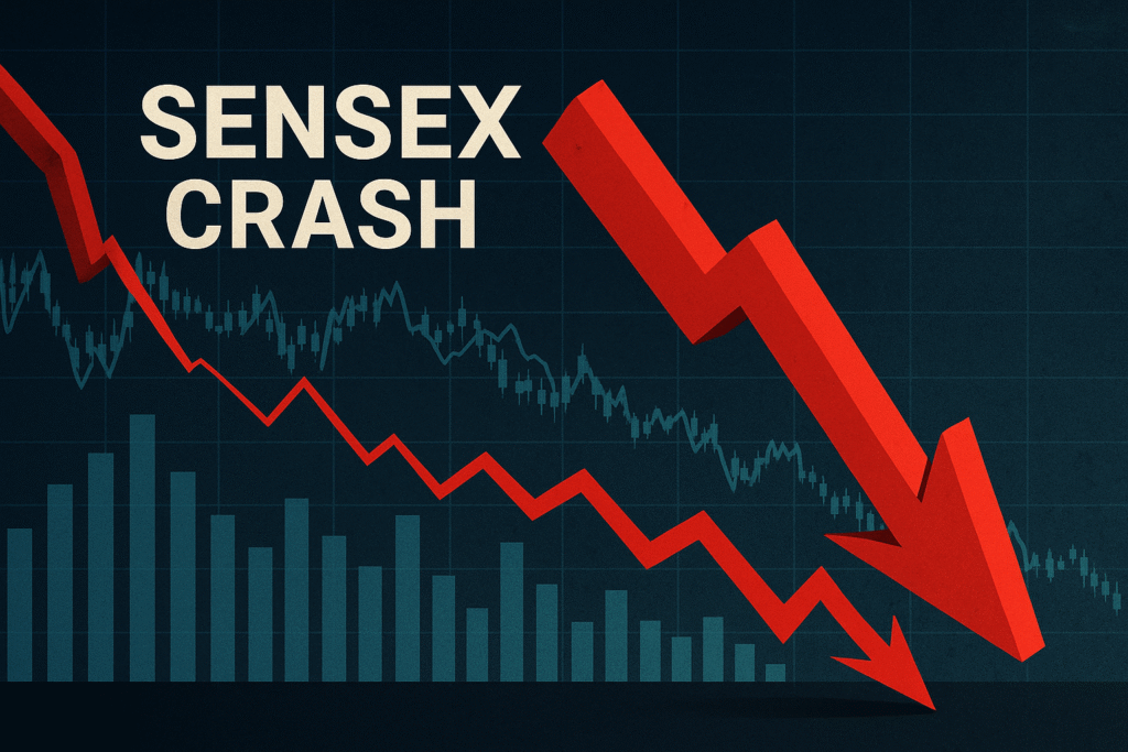 Stock Market Crash Today graphic showing Sensex and Nifty plunge amid India-Pakistan tensions