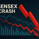 Stock Market Crash Today graphic showing Sensex and Nifty plunge amid India-Pakistan tensions