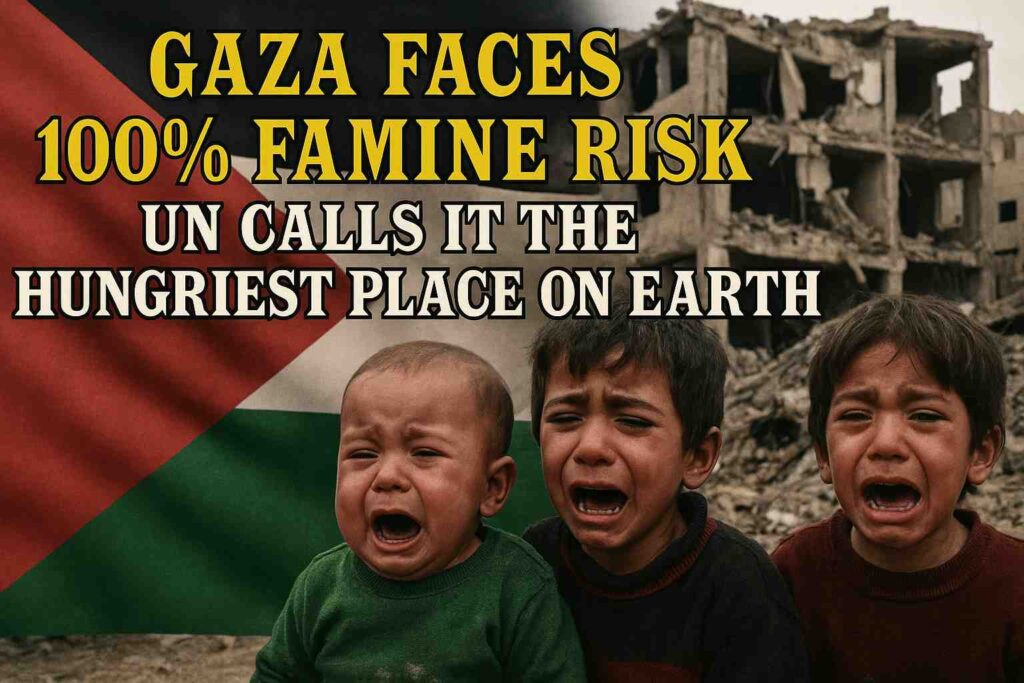 An image showing the devastating impact of the Gaza humanitarian crisis 2025, where children and families face extreme hunger and lack of basic resources.
