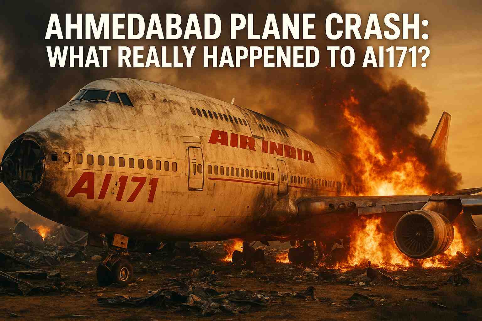 Burning Air India aircraft after the Ahmedabad plane crash of Flight AI171