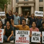 OMR answer sheet marked as NEET 2025 scam with bundles of cash and stethoscope