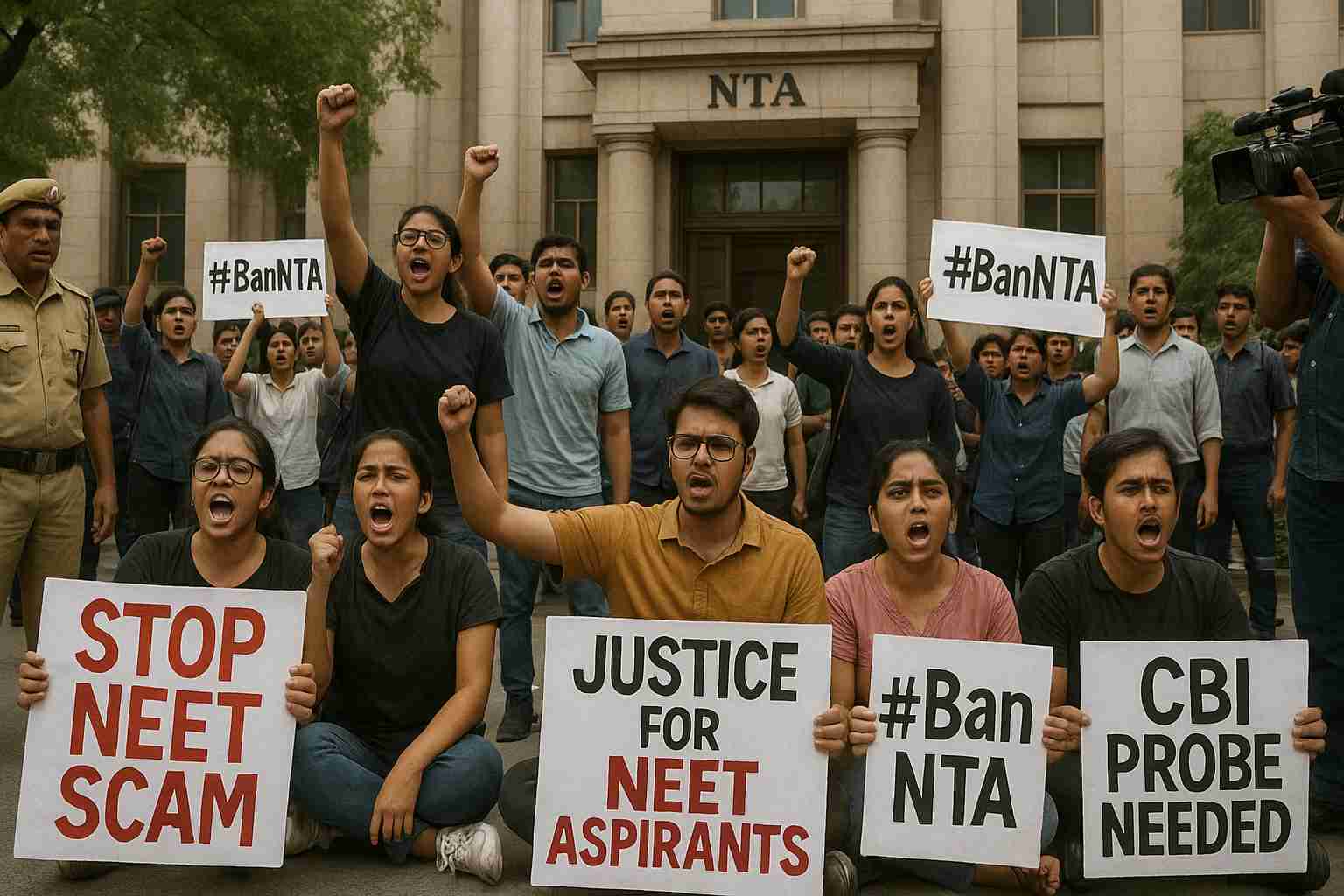 OMR answer sheet marked as NEET 2025 scam with bundles of cash and stethoscope