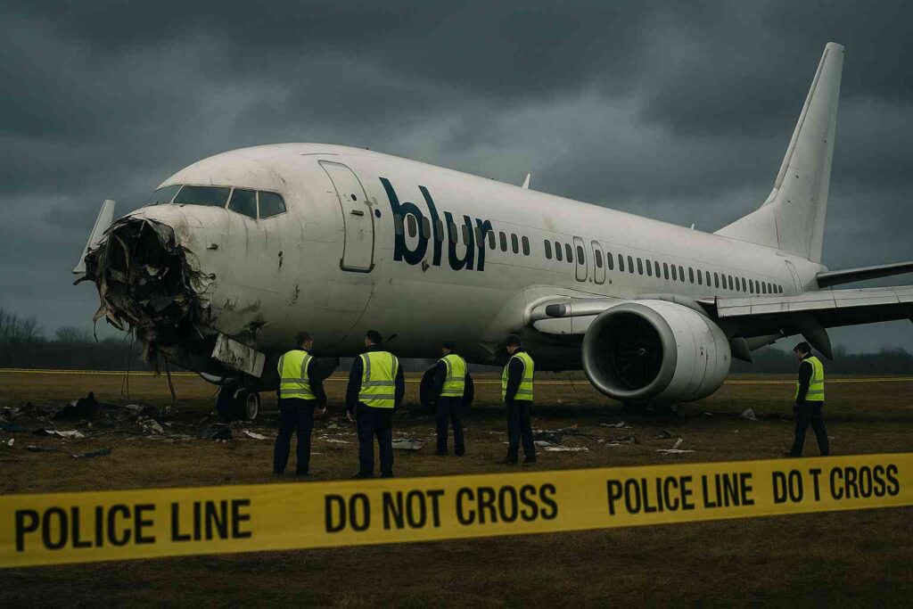 Air India Crash site under investigation with police line and damaged aircraft