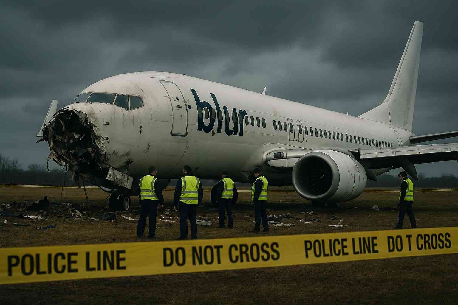 Air India Crash site under investigation with police line and damaged aircraft