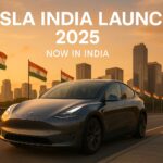 Tesla Model Y charging in India with skyline and flags – Tesla India launch 2025