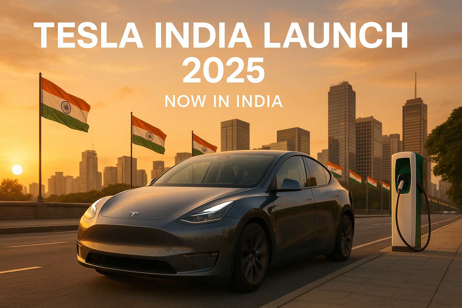 Tesla Model Y charging in India with skyline and flags – Tesla India launch 2025